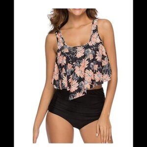 NEW Peach and Black Floral Ruffled Top Black High Waisted Tankini Women's 3XL